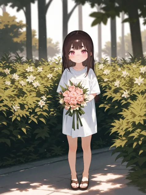 (score_9,score_8_up,score_7_up),
((1child girl)),mesugaki,fair_skin,hime cut,brown hair,thick eyebrows,gradient eyes,pink eyes,slit_pupils,expressive_clothes,
thick_thighs,depth of field,from front,front view,wide_shot,standing,blush,shy,looking at viewer,oversized t-shirt,sandals,hand viewer the bouquet,holding_bouquet,in a park,