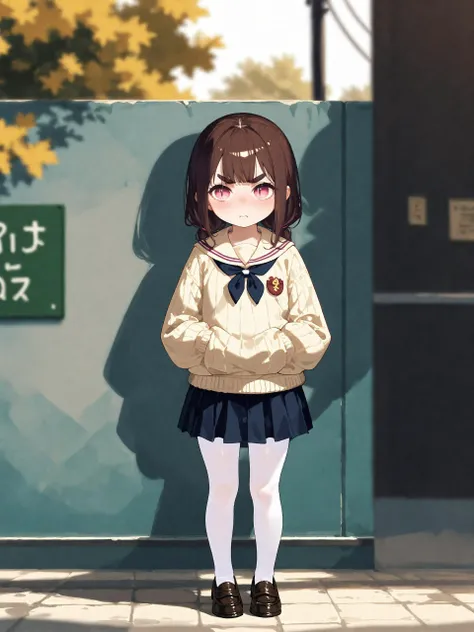(score_9,score_8_up,score_7_up),
((1child girl)),mesugaki,fair_skin,hime cut,brown hair,thick eyebrows,gradient eyes,pink eyes,slit_pupils,expressive_clothes,white serafuku,light yellow sweater,thick white_pantyhose,
thick_thighs,pettiskirt,depth of field,black_loafers,indoor,front view,((full body)),facing_away,looking_away,grap the skirt,standing in front of a blackboard,blush,tsundere,