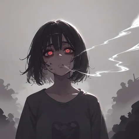 (score_9,score_8_up,score_7_up), (masterpiece, highres), cinematic lighting, dark, chiaroscuro, night, (high contrast), Break, 1girl, sharp eyes, dread, sad, depressed, depressing, medium hair, vibrant color, parted lips, (smoke, fog, smoking), watercolors, sketch, pixiv, messy room, empty bottles