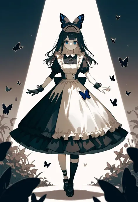 (score_9,score_8_up,score_7_up,score_6_up,score_5_up), alice in wonderland, 1girl, solo, smile, cute, gothic, standing, apron-dress, frill, asymmetrical glove, asymmetrical socks, big bow on head, pocket watch, gold theme, half the screen is in shadow, butterflies silhouette fly around background, high-contrast, crisp edges,