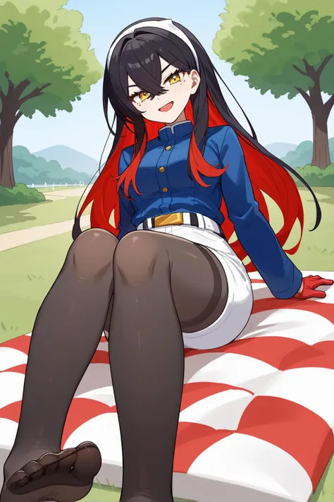 score_9, score_8_up, masterpiece, best quality,
1girl, <lora:pokemon_carmine_ponyXL:1>, carmine, mole under eye, hairband, blue jacket, long sleeves, red gloves, pants, belt, colored inner hair, black hair, red hair, yellow eye,
,
(playful and mischievous expression, a seductive look, a come-hither expression), (cheeky look, self-satisfied, smirking, sly, cunning expression), (open mouth),
park, picnic, sunny day , closed up focus feet ((wearing black stockings)), closed up soles,<lora:feet_anime_xl_v1c:0.5>