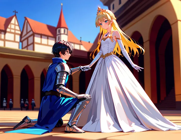 score_9, score_8_up, score_7_up,source_anime,knight curtsey before princess,depth of field, outdoors, full body ADDCOMM
medieval town, blue sky ADDROW
1boy,knight, black hair,profile,curtsey,on one knee ADDCOL
1girl, elegant princess, royal dress, blonde, tiara, standing, looking down