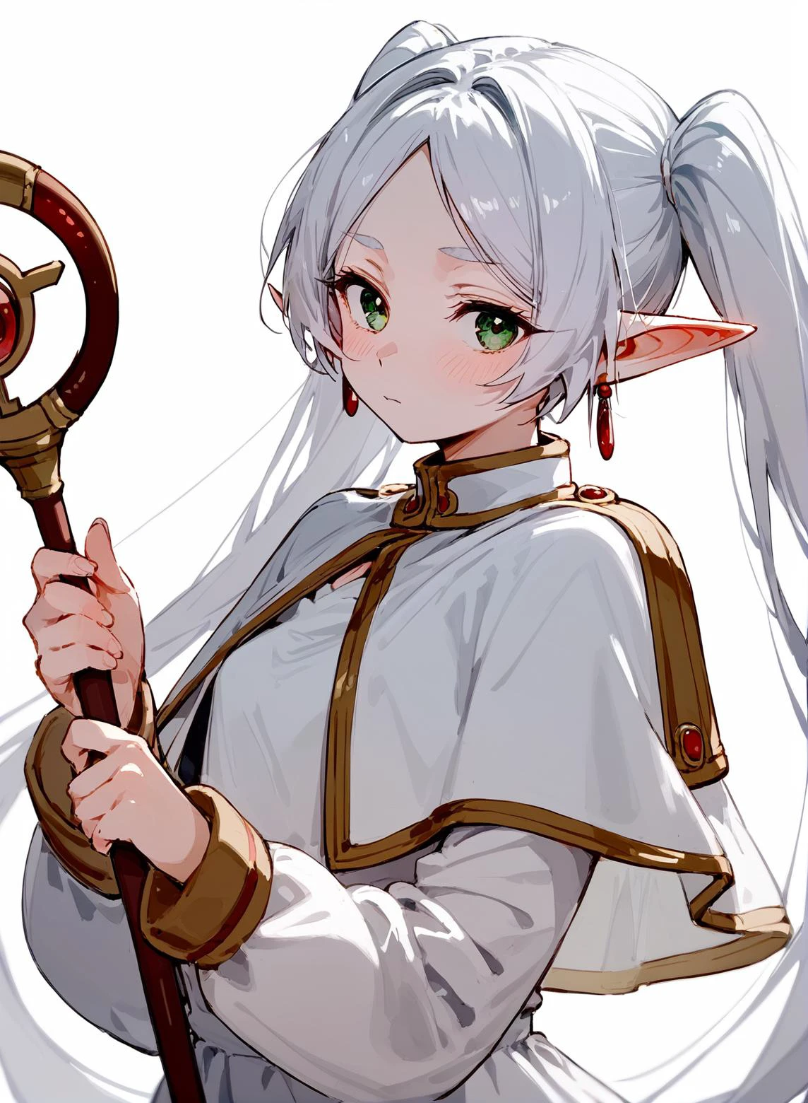 (score_9,score_8_up,score_7_up,score_6_up,score_5_up,score_4_up),nereirfpnxl,frieren,1girl,solo,pointy ears,green eyes,twintails,staff,long hair,earrings,holding,jewelry,white background,holding staff,blush,capelet,elf,looking at viewer,dress,simple background,white capelet,long sleeves,white dress,closed mouth,breasts,very long hair,bangs,parted bangs,white hair,upper body,<lora:frieren_nereirfpnxl_pony_v2:0.6>,