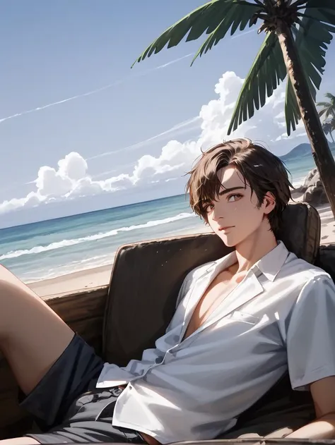 score_9, score_8_up, score_7_up, best quality, masterpiece, [source_anime:photo:0.01], irl, real, eye_focus, ultrarealistic, photorealistic, natural skin, detailed skin, symbolism, post-apocalyptic, tropical, procedural texturing, anvil engine, noir, oil painting, prehistoric art,  global illumination, elegant, hd, cutting-edge, satire, Worm's Eye View, male, Short textured golden brown hairstyle, Sherwani, garment steamer , reclining, A cozy, rustic beachfront cabin with a view of a serene bay