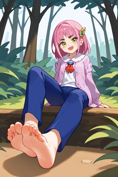 score_9, score_8_up, masterpiece, best quality,
1girl <lora:ponyxl_character-taro_002:1>, taro + lacey, pokemon, hair ornament, yellow eyes, pink hair, pink cardigan, striped blue pants, white shirts,
,
(playful and mischievous expression, a seductive look, a come-hither expression), (cheeky look, self-satisfied, smirking, sly, cunning expression), (open mouth),
outdoor, forest, nature trail , ((bare feet)), closed up soles,<lora:feet_anime_xl_v1c:0.5>