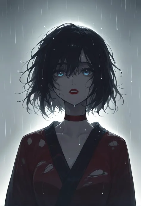 (score_9,score_8_up,score_7_up), cinematic lighting, dark, chiaroscuro, night, rain, (high contrast), Break,    (1girl), messy hair, blue eyes, dread, (broken), sad, depressed, (dirty and damaged kimono), depressing, medium hair, (from above:1.2), (red choker, red strings), monochrome:.5, vibrant color, parted lips, red lipstick, blush