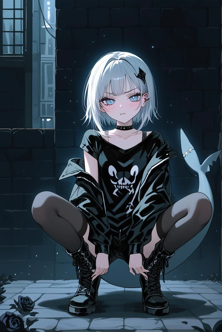 score_9, score_8_up, score_7_up, source_anime, 1girl, (gawr gura:1.1) as a rebellious goth girl, shark tail, (squatting in the shadows:1.1), fleeing, urban alleyway environment, dynamic angle, hot evening air, (atmospheric:1.1),
BREAK
stylish cool girl, massive cityscape looms above, grimacing, bored look, slim slender figure, blushing, disgusted, medium hair, trendy goth streetwear, lowrise shorts, thighhigh stockings, leather boots, off-shoulder punk jacket, choker, sharp teeth,
BREAK
(white hair:1.1) with streaks, bokeh, dreamy background, highly detailed, absurdres, sensual, pastel-goth aesthetic, dramatic lighting, deep shadows, detailed skin, hair ornament, 1990s \\(style\\), vintage, mystical fog, black rose, intricate wall background,
<lora:guraXL:0.65>, <lora:add-detail-xl:-0.4>, <lora:OldAnimeStyle_XL_v3:0.5>,