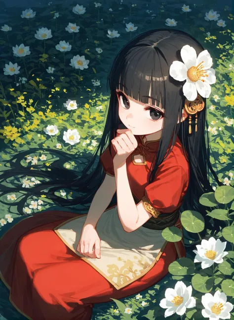 (score_9,score_8_up,score_7_up,score_6_up,score_5_up,score_4_up),dynasty warriors_daqiao,chinese clothes,red dress,from side,looking at viewer,from above,black eyes,long hair,blunt bangs,sitting,jasmine \(flower\),night,flower land,grasslands,flowers on hand,<lora:lily_style_xl:0.4>,<lora:å¥³æ§è§è²ç±»dynasty warrios_å¤§ä¹_xl:0.5>,