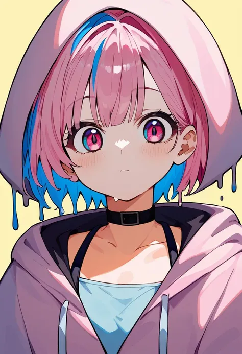 score_9, score_8_up, score_7_up, score_6_up, <lora:DPOXL:1> solo, 1girl, choker, looking at viewer, portrait, yellow background, short hair, black choker, multicolored eyes, blue hair, multicolored hair, simple background, hood, pink hair, liquid hair, bangs, blue eyes, hood down, pink eyes, covered mouth