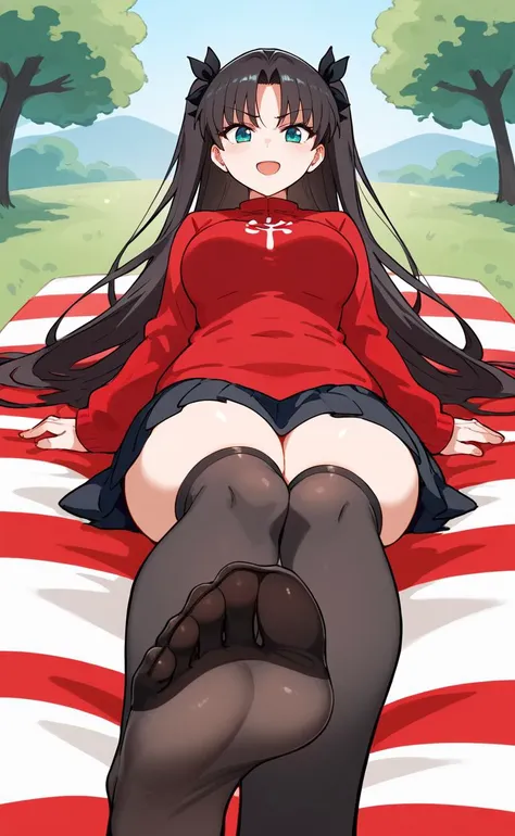 score_9, score_8_up, masterpiece, best quality, (mature), (Confident, smirking character with playful expression), (low angle shot), (low-angle shot), (worm's eye view), (Upshot),
 <lora:rin-tohsaka-ponyxl-lora-nochekaiser:1> rin tohsaka, aqua eyes, black hair, hair ribbon, long hair, ribbon, sidelocks, two side up, parted bangs, black skirt, black thighhighs, long sleeves, miniskirt, pleated skirt, red sweater, skirt, sweater, thighhighs,
(playful and mischievous expression, a seductive look, a come-hither expression), (cheeky look, self-satisfied, smirking, sly, cunning expression), (open mouth),
(Picnic, Blanket, Food),  (wearing black stockings), (closed up soles),<lora:feet_anime_xl_v1c:0.6>, (closed up focus feet)