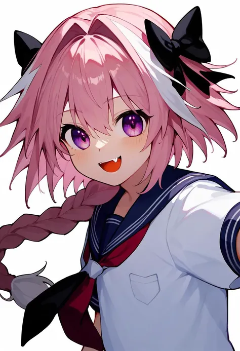 score_9, score_8_up, score_7_up, score_6_up, <lora:DPOXL:1> astolfo \(fate\), 1boy, pink hair, male focus, open mouth, solo, smile, bow, long hair, otoko no ko, braid, astolfo \(sailor paladin\) \(fate\), hair intakes, fang, polka dot, black bow, white background, multicolored eyes, hair bow, official alternate costume, multicolored hair, streaked hair, sailor collar, simple background, school uniform, :d, bangs, purple eyes, teeth, single braid, serafuku, hair between eyes, shirt, pink sailor collar, from side, long braid, ribbon, white hair