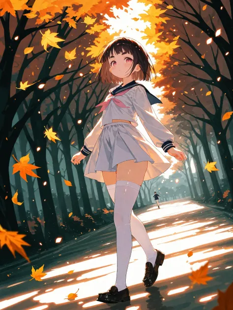 (score_9,score_8_up,score_7_up),
((1 short girl)),mesugaki,fair_skin,long brown hime cut,thick eyebrows,gradient eyes,pink eyes,slit_pupils,thick_thighs,blush,expressive_clothes,walking,
depth of field,((Long Shot)),((from_side)),((full body)),fisheye,
((white short serafuku)),miniskirt,((white thighhighs)),black_loafers,
wind,leaf particles,Volumetric Lighting,in autumn,cowboy_shot,dynamic_angle,