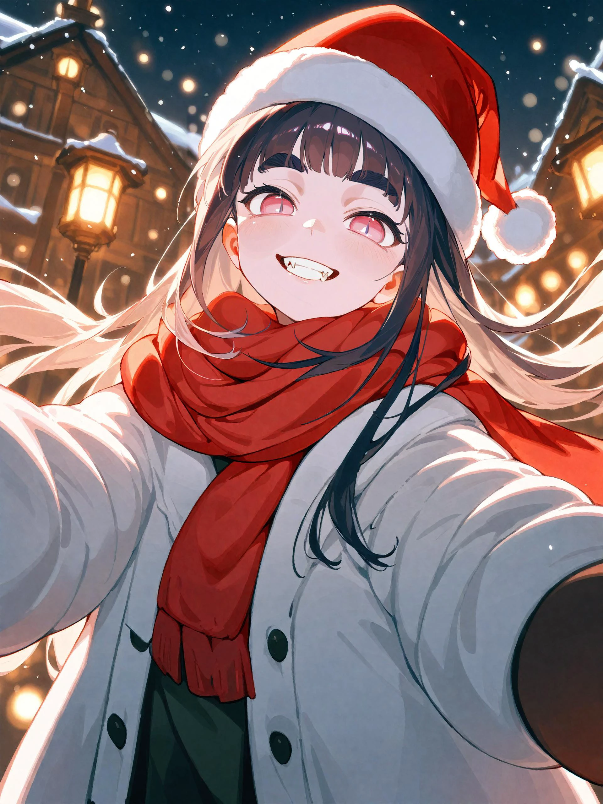 (score_9,score_8_up,score_7_up),
((1girl)),age,mesugaki,fair_skin,(long brown hime cut),thick eyebrows,gradient eyes,pink eyes,slit_pupils,blush,
Volumetric Lighting,
seductive_smile,grin,fangs out,standing,winter,
<lora:pov_cheek_warming_xl:1>,winter_coat,floating_scarf,santa_hat,