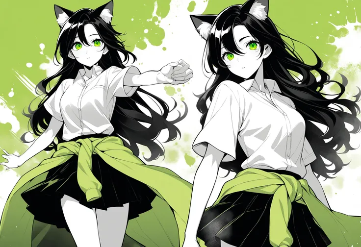 1boy,grandpa,game cg,solo,mesugaki,looking at viewer,cinematic angle,depth of field,outdoors,score_9,score_8_up,score_7_up,score_6_up,score_5_up,score_4_up,nsfw,
1girl,green eyes,animal ears,green theme,looking at viewer,black hair,short sleeves,parted lips,long hair,cat ears,clothes around waist,shirt,skirt,limited palette,closed mouth,bangs,cowboy shot,solo,multiple views,spot color,animal ear fluff,dress,collared shirt,expressionless,monochrome,hair between eyes,jacket,white shirt,floating hair,standing,pleated skirt,paint splatter,breasts,jacket around waist,sweater around waist,splatter,parted bangs,green background,abstract background,