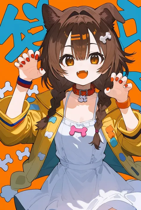 (score_9,score_8_up,score_7_up,score_6_up,score_5_up,score_4_up), 1girl, virtual youtuber, inugami korone, animal ears, solo, bone hair ornament, brown hair, hair ornament, twin braids, dress, braid, claw pose, dog ears, white dress, simple background, yellow jacket, looking at viewer, jacket, nail polish, collar, long hair, open mouth, red collar, hair between eyes, bangs, orange background, wristband, dog girl, low twin braids, smile, fangs, brown eyes, animal collar, jewelry, bracelet, open jacket, feet out of frame, buttons, hairclip, open clothes, short dress, collarbone, long sleeves