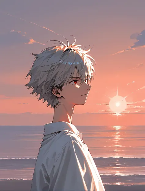 (score_9,score_8_up,score_7_up), masterpiece, official art by Sadamoto Yoshiyuki, The End of Evangelion, neo-romanticism, man in oversized formal white shirt stands in front of a sunset, solo, <lora:Sadamoto Yoshiyuki_XL_PONY:0.8> kaworu nagisa, (red eyes:0.8), (messy gray hair:1.1), (overgrown hair:1), big pointy nose, looking away, weak smirk, from evangelion, epic sunset on background, sea on background, sun reflecion on sea, (red sky:1.2), (windy:1.1), (transparent shirt:1.0), side profile