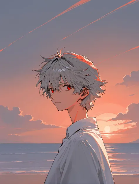 (score_9,score_8_up,score_7_up), masterpiece, official art by Sadamoto Yoshiyuki, The End of Evangelion, neo-romanticism, man in oversized formal white shirt stands in front of a sunset, solo, <lora:Sadamoto Yoshiyuki_XL_PONY:0.8> kaworu nagisa, (red eyes:0.8), (messy gray hair:1.1), (overgrown hair:1.1), big pointy nose, small eyes, looking away, weak smirk, from evangelion, epic sunset on background, sea on background, sun reflecion on sea, (red sky:1.3), (windy:1.1), (transparent shirt:1.0), (side profile:0.8)