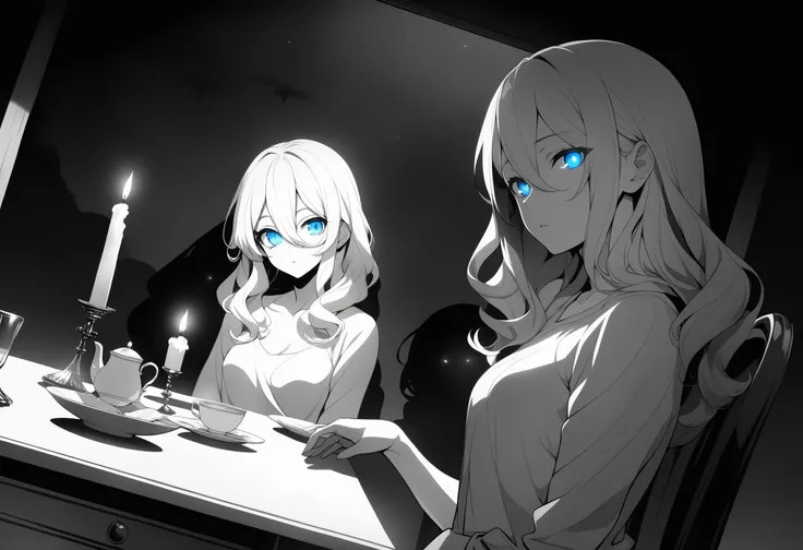 1boy,grandpa,game cg,solo,mesugaki,looking at viewer,cinematic angle,depth of field,outdoors,score_9,score_8_up,score_7_up,score_6_up,score_5_up,score_4_up,nsfw,
1girl, solo, blue eyes, candle, looking at viewer, long hair, cup, abyssal ship, hair between eyes, collarbone, white hair, candlestand, pale skin, upper body, table, bangs, glowing, sitting, glowing eyes, breasts, shadow, monochrome, closed mouth, alternate costume, wo-class aircraft carrier, reflection, chair, shirt, white skin, teacup, parted lips, expressionless, dress, colored skin, medium breasts, wavy hair, mirror