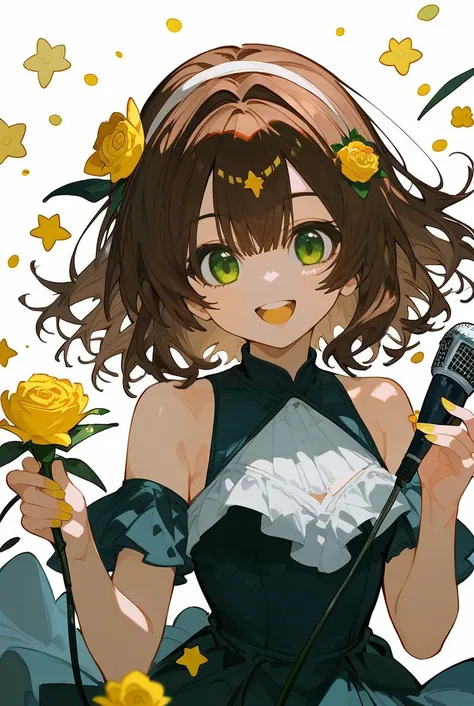 (score_9,score_8_up,score_7_up,score_6_up,score_5_up,score_4_up), 1girl, flower, solo, hair ornament, brown hair, green eyes, microphone, hair flower, yellow flower, holding, smile, yellow rose, open mouth, star \(symbol\), holding microphone, looking at viewer, hairband, white background, simple background, medium hair, upper body, bangs, :d, makeup, rose, dress, bare shoulders, star hair ornament, teeth, shirt