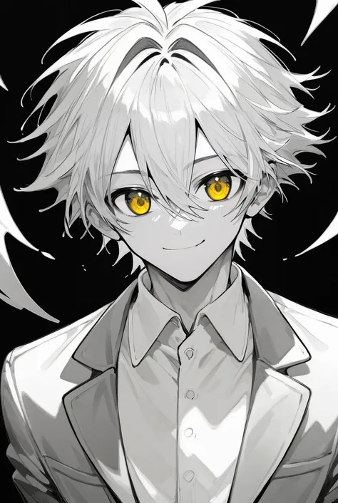 (score_9,score_8_up,score_7_up,score_6_up,score_5_up,score_4_up), 1boy, male focus, solo, smile, spot color, monochrome, hair between eyes, looking at viewer, bangs, black background, closed mouth, greyscale, yellow eyes, multicolored eyes, simple background, collared shirt