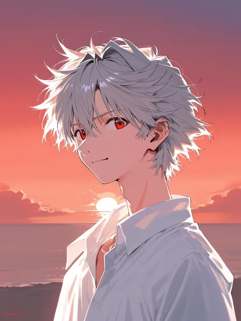 (score_9,score_8_up,score_7_up), masterpiece, official art by Sadamoto Yoshiyuki, The End of Evangelion, neo-romanticism, man in oversized formal white shirt stands in front of a sunset, solo, <lora:Sadamoto Yoshiyuki_XL_PONY:0.9> kaworu nagisa, (red eyes:0.8), (messy gray hair:1.1), (overgrown hair:1.1), (big pointy nose:1.1), small eyes, looking away, weak smirk, from evangelion, epic sunset on background, sea on background, sun reflecion on sea, (red sky:1.3), (windy:1.1), (transparent shirt:1.05), (side profile:0.8)