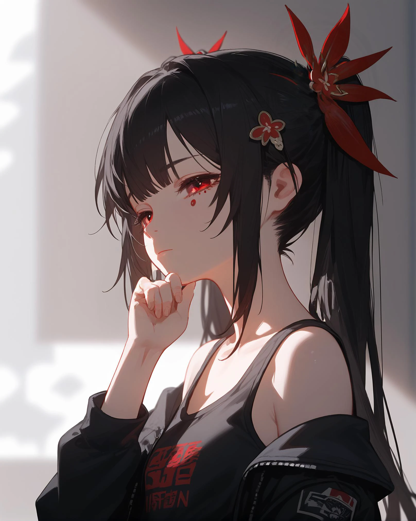 (score_9,score_8_up,score_7_up),1girl,solo,red eyes,black hair,long hair,upper body,black T-shirt,hair ornament,bangs,off shoulder, tired,twintails,sleeveless,hand up,blurry,sidelocks,black jacket,long sleeves, <lora:SparkleV3:1>,