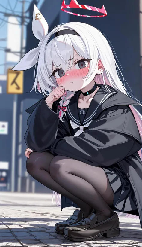 <lora:plana_blue archive_PONY_last:0.8>,plana \(blue archive\),1girl,fair_skin,underage,black eyes,long hair,white hair,braid,bow hairband,halo,choker,black serafuku,sailor collar,black long coat,skirt,black pantyhose,black loafers,(score_9,score_8_up,score_7_up,),depth of field,front view,blush,disgust,from_below,power_lines,street,micturition,squatting,