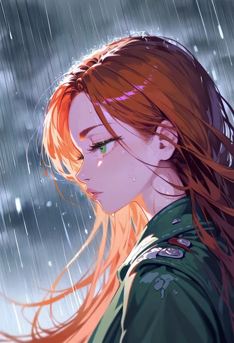 score_9, score_8_up, score_7_up, 1girl, orange hair, realistic, upper body, green eyes, half-open eyes, melancholic, green jacket, raining, side view, profile, long eyelashes, pinkish lips,