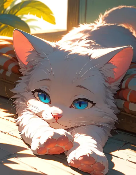 score_9, score_8_up, score_7_up, Cute,cat,white,fur,pink nose,blue eyes,small,lying down,sleeping,paws,tail,adorable,fluffy,pet,whiskers,ears,relaxed, zPDXL, <lora:add-detail-xl:1>, <lora:MJ52:0.7>
