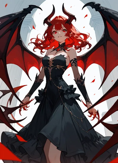 (score_9,score_8_up,score_7_up),1girl,girl demon,red hair,red eyes,wings,claws,black dress,beautiful_face,