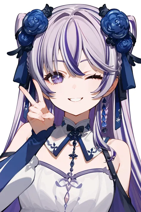 (score_9,score_8_up,score_7_up,),<lora:xuelian3-000008:0.9>,xuelian,white background,dress,multicolored hair,virtual youtuber,hair flower,hair ornament,purple hair,purple eyes,simple background,seductive_smile,wink,v,upper_body,face_focus,