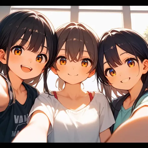 rating_sfw, source_ANIME, score_9,score_8_up,score_7_up,score_6_up, anime_girls, group_of_friends, taking_a_selfie, smiling, happy_expressions, diverse_hairstyles, casual_clothing, athletic_wear, energetic, fun, vibrant_colors, dynamic_perspective, top-down_view, detailed_faces, warm_lighting, realistic_anime_style, close_friends, youthful, cheerful_mood, lively_environment, playful