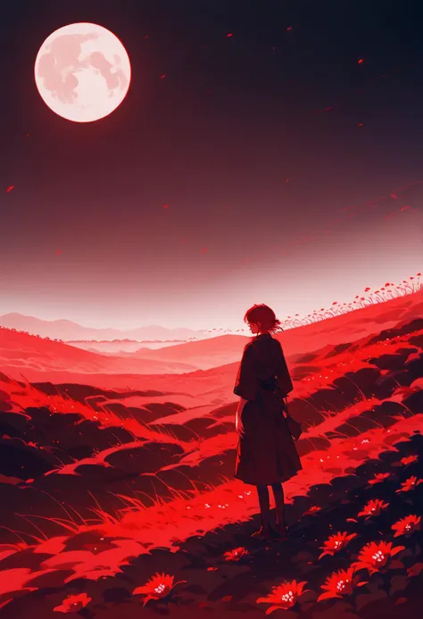 score_9, score_8_up, score_7_up, source_anime, montains, plains, red_moon, red theme, monochrome, landscape, red flowers, red grass,