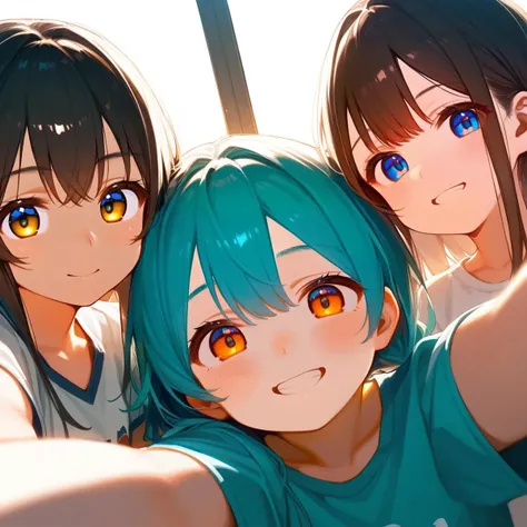 rating_sfw, source_ANIME, score_9,score_8_up,score_7_up,score_6_up, 3girls, anime_girls, group_of_friends, taking_a_selfie, smiling, happy_expressions, diverse_hairstyles, casual_clothing, athletic_wear, energetic, fun, vibrant_colors, dynamic_perspective, top-down_view, detailed_faces, warm_lighting, realistic_anime_style, close_friends, youthful, cheerful_mood, lively_environment, playful