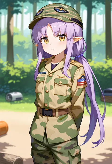 score 9, score 8 up, score 7 up, source anime, <lora:pony_kyoka_v1:0.7>, 1girl, solo, kyouka \(princess connect!\), ribbon, cute, wearing army camouflage uniform, shirt, pant, Berets, put your hands behind your back, yellow eyes, serious face, looking at viewer, camp, forest