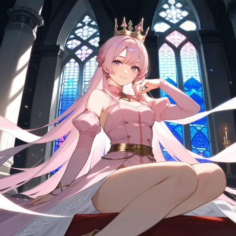 score_9,score_8_up,score_7_up,score_6_up, beauty, 1girl, anime_girl, pink_hair, long_hair, wearing a crown, dressed in a pink outfit, detailed_design, gold_belt, delicate_lace_sleeves, sitting_pose, realistic_anime_style, soft_lighting, elegant_background, castle_architecture, intricate_details, vibrant_colors, serene_expression, gentle_smile, fantasy_theme, princess_aesthetic, beautiful, enchanting, (dynamic pose:1.3)