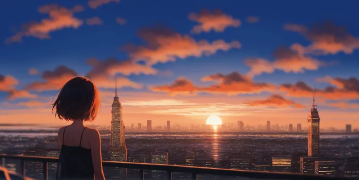 score_9,score_8_up,impressionism,summer.sunset.1girl's back,marvelous,cityscape,depth of field