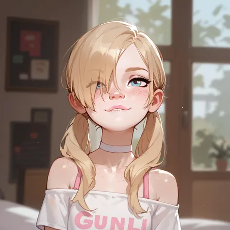 score_9,score_8_up,score_7_up,score_6_up,score_5_up,score_4_up,
1girl, pretty girl, blonde hair, in twintails, hair over 1 eye, cute nose. biting lip, seductive, white choker, pink lips, freckles,
 <lora:Lilandava_PDXL:0.9>
 <lora:Smooth Anime 2 Style SDXL_LoRA_Pony Diffusion V6 XL:0.5>
 <lora:age_slider_v4:-2>