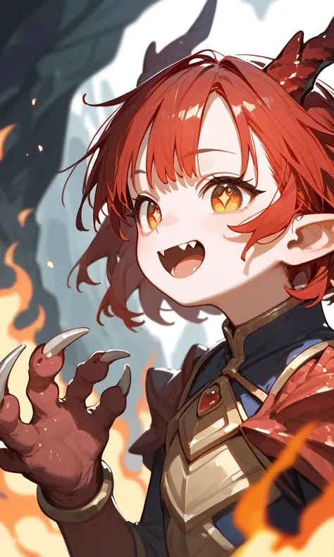 score_9, score_8_up, score_7_up, score_6_up, 1gir, red scales, gold eyes, red hair, dragon girl, white face, fair skin, hatchling, adorable, playful, heart-shaped pupils, small claws, dynamic posing, masterpiece, best quality, highly detailed, cave background, upper body, close -up, flame, fang, Pony_general_zPDXL2