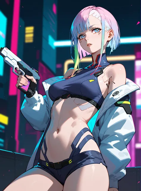 lucy \(cyberpunk\), 1girl, bangss, bblurry, (emerald green back hair), (short hair:1.2), (small breasts:0.7), bblurry、depth of fields、Gradient eyes、(grey eyes:1.4)、 (white hair:1.2)Pink eyeshadows、s lips、multicolored eyes, O cabelo multicolorido, Parting lips, Emerald green eyeliner, SF, short hair with long locks, 独奏、cyberpunked \(series\)、Cyberpunk Edgerunner (ulzzang-6500:0.3), (lying, on bed, reacting out ), smile, (black micro bikini, sweat:1.2, shiny skin)