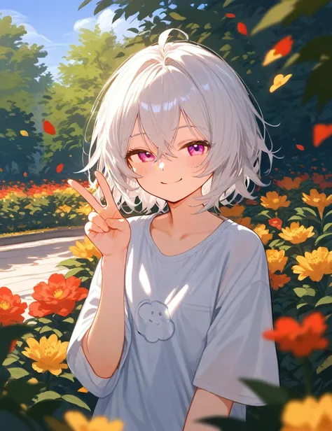 (score_9_up,score_8_up),
1girl,white hair,short hair,crossed bangs,shirt,
,narrowed eyes,smile,blush,v,outdoors, rainbow, petals,
<lora:HyLper-Accelerate-PAseer:1>