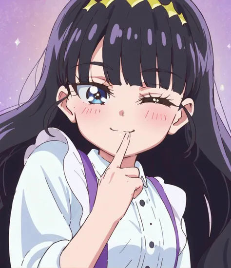 score 9, score 8 up, score 7 up, detailed background, shiny skin,
<lora:curefinale.pony:1>,
amane, def,
large breasts, wide hips,
blush, smile, finger to mouth, one eye closed, head tilt,