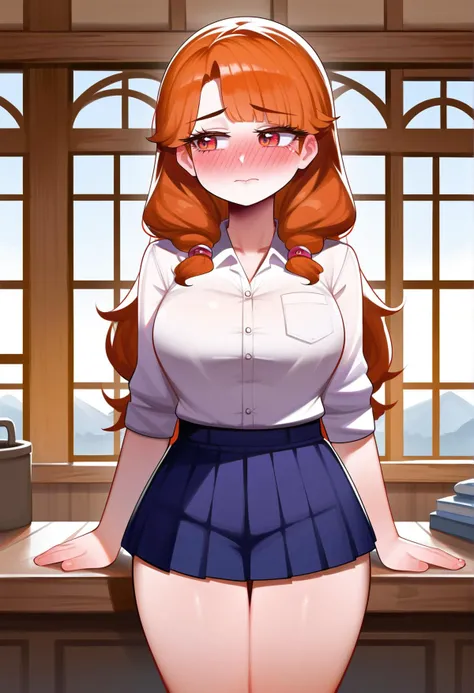 score_9, score_8_up, score_7_up, source_anime, (hns:1.4), (gad:1.4),
1girl, milf, long hair, long eyelashes, looking to the side, full-face blush, embarrassed,
slim, pleated skirt, wide hips, thigh gap, bare legs,
indoors, standing, window,