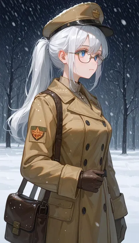score_9_up, score_8_up, 1girl, breasts, elaina, white hair, blue eyes, glasses, white ponytail, ponytail over shoulder,military uniform, olive trenchcoat, Soviet trenchcoat, olive officer cap, brown leather gloves, snowy skies, snowing, holding a leather notebook, leather satchel, looking away