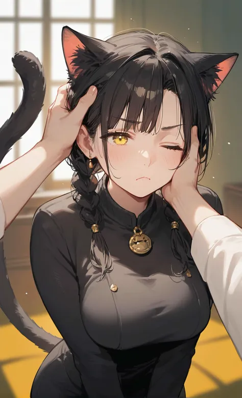 score_7_up ,score_6_up, uncensored, tail, cat_ears, cat_tail, animal_ears, headpat, 1girl, braid, solo_focus, cat_girl, yellow eyes, black bodysuit, medium breasts, twintails, mature female, pov headpat, anime_source, 2D, one eyes closed, light frown, 2.5D, mature female, black hair, <lora:Smooth Style 2 SDXL_LoRA_Pony Diffusion V6 XL:.4>