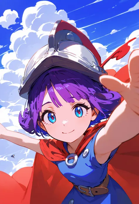 score_9, score_8_up, score_7_up, source_anime, 1girl, RythMusketeerCRPony, Musketeer \(Clash Royale\), from above, dress, belt, helmet, cape, upper body, reaching out to viewer, looking at viewer, smiling, outdoors, blue sky, cloudy sky, <lora:MusketeerCRPony:1>