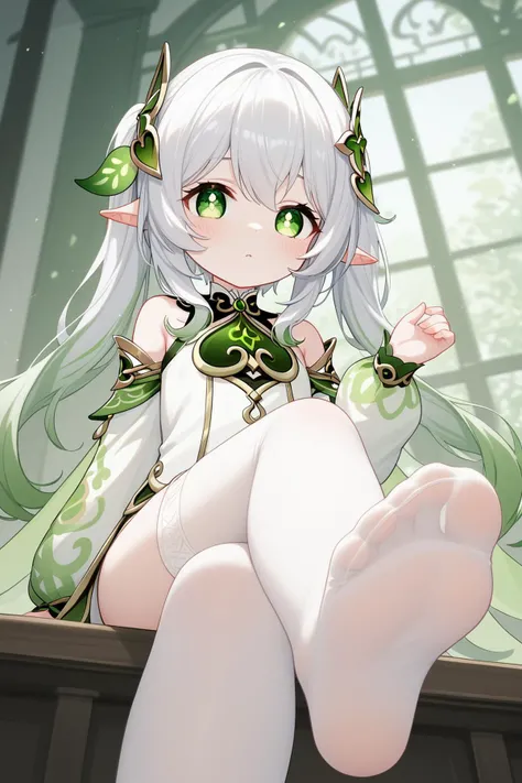 score_9, score_8_up, score_7_up, 1girl, solo, nahida \(genshin impact\), shy, blush, fur trim, bare shoulders, hair ornament, off shoulder, sleeveless, hand up, blurry, white thighhighs, long sleeves, from below, ground level, foot focus, good feet, <lora:haikomi-mimic:0@0,0.6@0.3,0.2@0.8>, <lora:Fine_Anime_Screencap-PonyV2:0@0,0.8@0.2,0.1@0.8>, fine anime screencap_xl