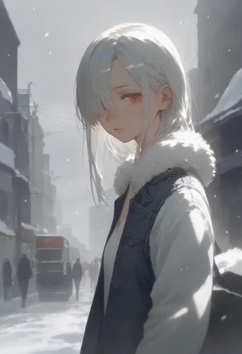 score_9, score_8_up, score_7_up, 1girl, upper body, realistic, looking at viewer, white hair, hair over one eye, cowboy shot, denim jacket, white dress, red eyes, long hair, street, snowy, grey sky, clouds,