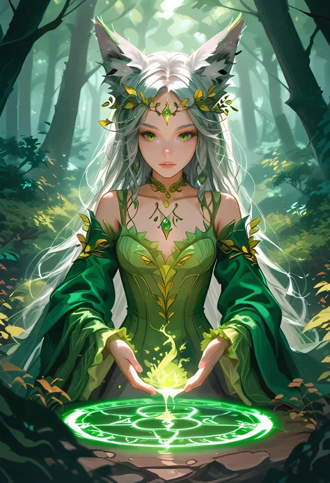 score_9, score_8_up,20 years old girl,fox ears, grey hair, green eyes, dryad,forest, green magic circle, hkmagic, <lora:add_detail:1> <lora:SDXLFaeTastic2400:0.6> <lora:xl_more_art-full_v1:0.6> <lora:Pony_Fantasy_Wizard__Witches_-_By_HailoKnight:1>