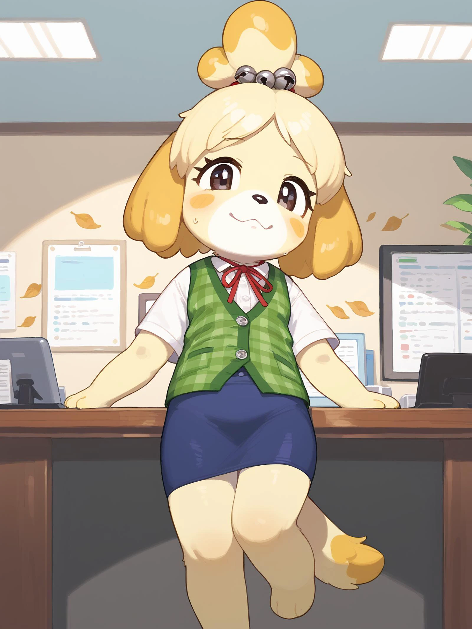 score_9, score_8_up, score_7_up, score_6_up, score_5_up, score_4_up, detailed background, indoors, office, secretary, 1girl, furry, detailed fur, full body, looking at viewer, full body, isabelle \(animal crossing\), dog girl, yellow fur, detailed fur, fluffy, animal nose, green plaid vest, blue skirt, white undershirt, short sleeves, leaf pattern, button up, hair bell, jingle bell, hair ornament, hair tie, red neck ribbon, animal nose, <lora:PossumMachine:1> posmach <lora:Isabelle_pXL:1> isabelle (animal crossing), isabelle \(animal crossing\), plaid vest, blue skirt, white undershirt, short sleeves, button up, hair bell, jingle bell, hair ornament, hair tie, neck ribbon,